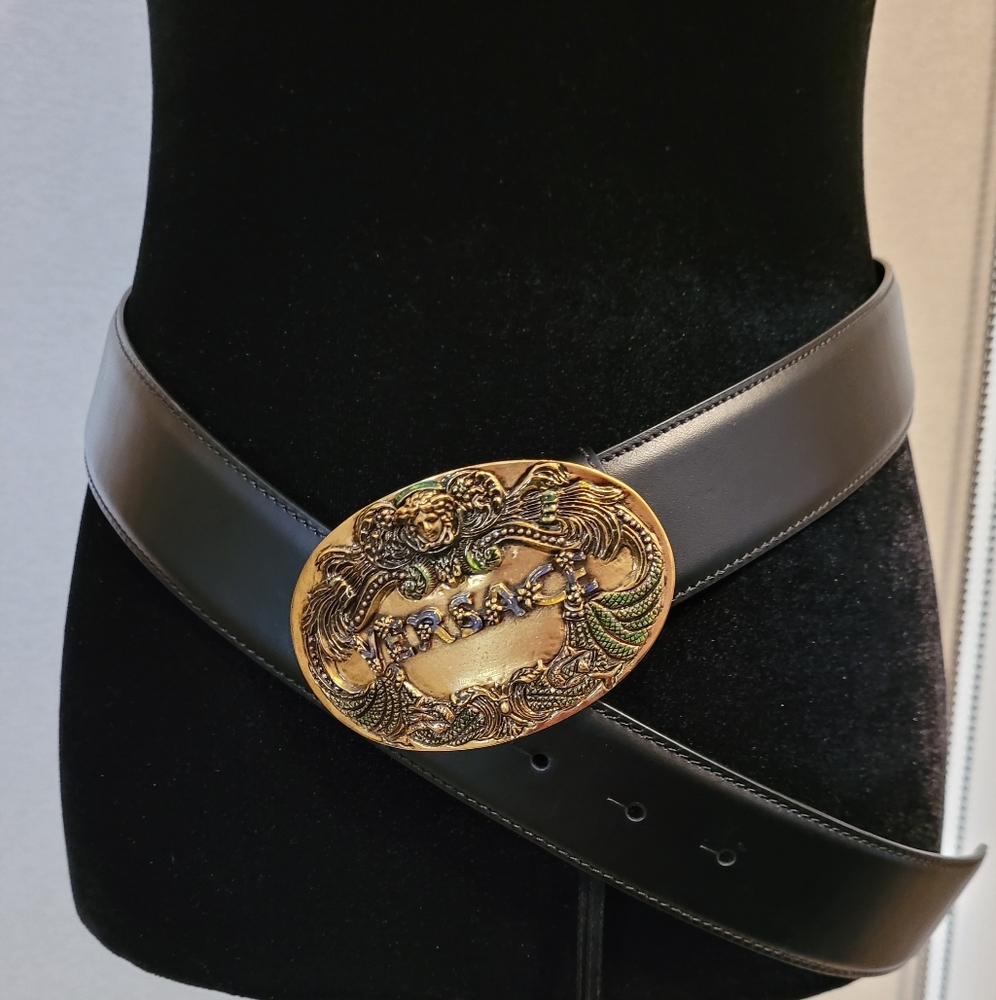 Versace Oval Logo Black Multi Leather Belt with Gold Buckle Size85 /34 Rare Find